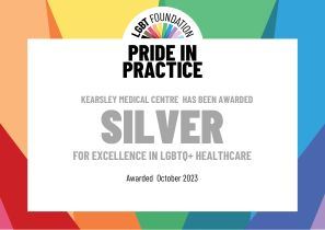 Rainbow border outlining text Pride in Practice Kearsley Medical Centre has been awarded silver for excellence in LGBQT  healthcare awarded October 2023