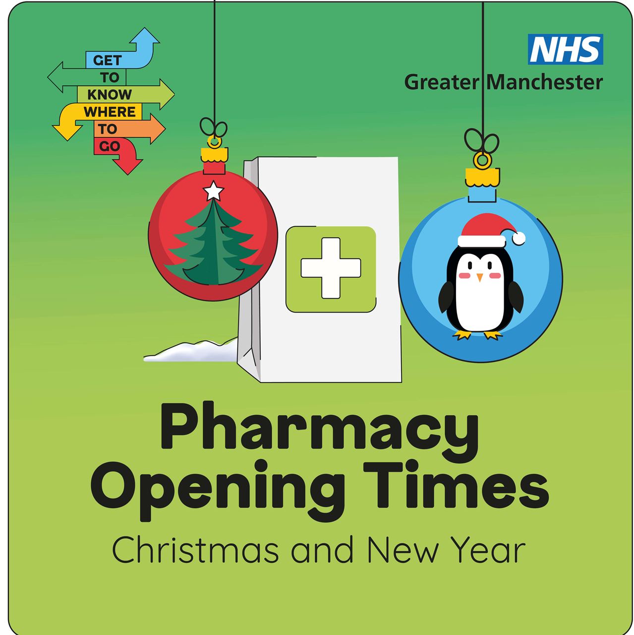 Visual contains a cartoon of a white, paper pharmacy bag sitting on some snow, with christmas baubles in the background. A stack of arrows pointing in different directions contains the words get to know where to go. Text reads: Pharmacy Opening Times Christmas and New Year Logo: NHS Greater Manchester