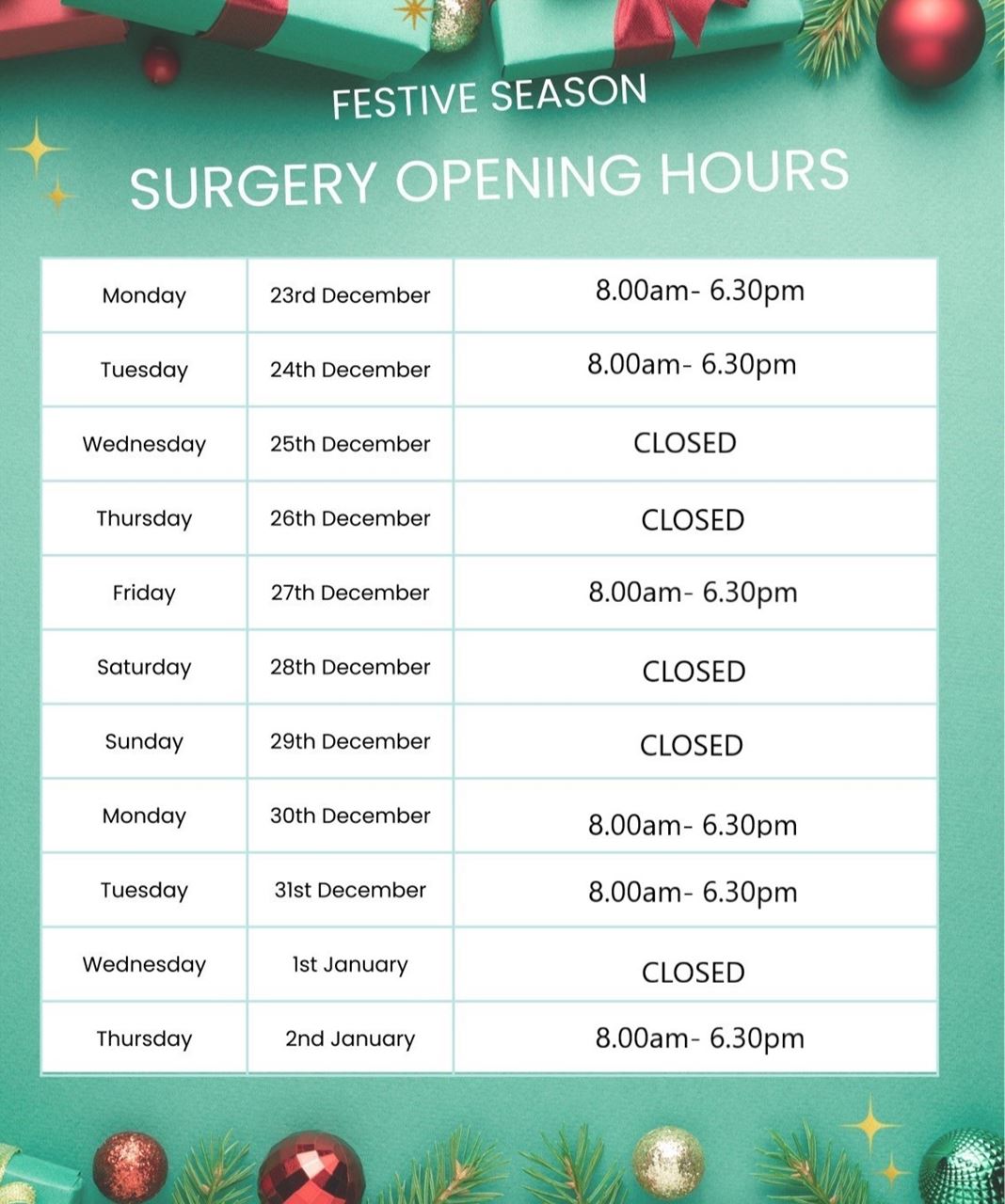 surgery christmas opening hours with presents and baubles